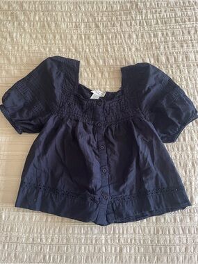 Navy Button-Front Puff Sleeve Top